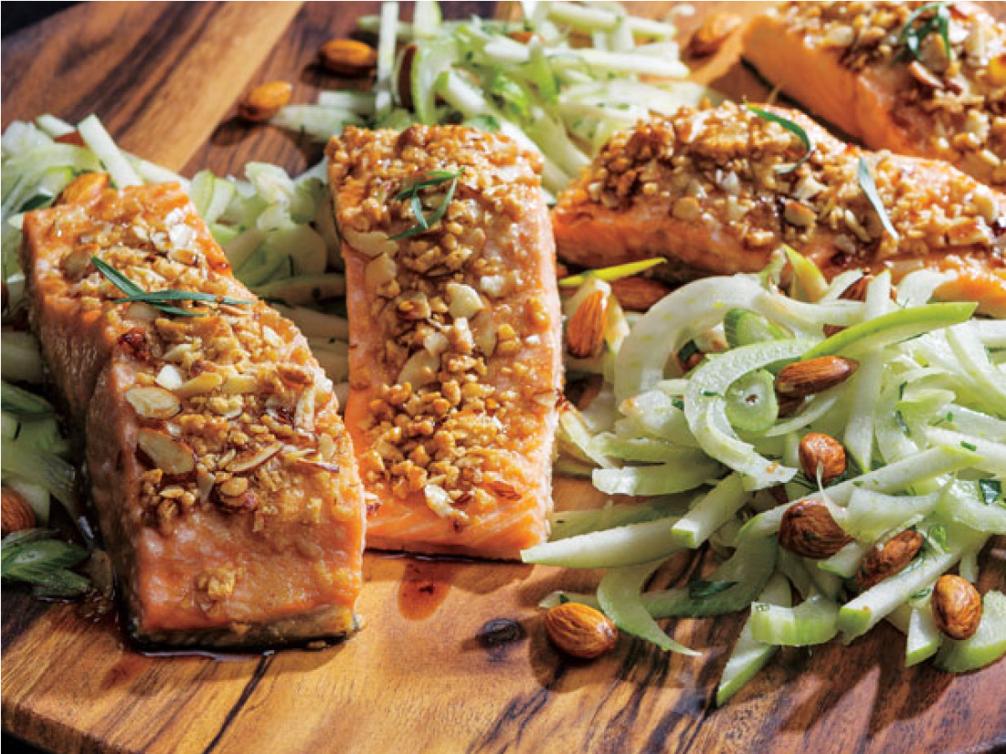 Crispy Honey Nut Baked Salmon with Almond-Fennel Salad