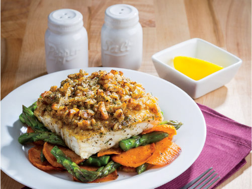 One-Pan Maple-Walnut Crusted Halibut & Vegetables