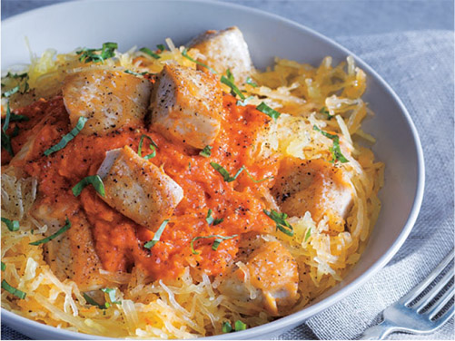 Spaghetti Squash with Roasted Chicken & Sun-Dried Tomato Sauce