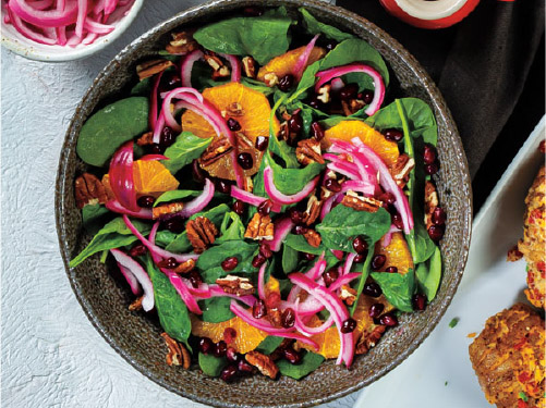 Spinach, Pomegranate & Orange Salad with Quick Pickled Red Onions