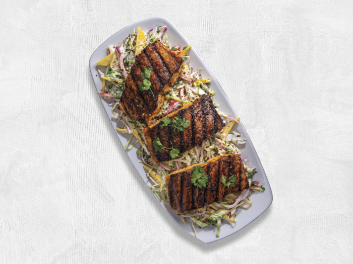 BBQ Grilled Salmon with Creamy Mango Slaw