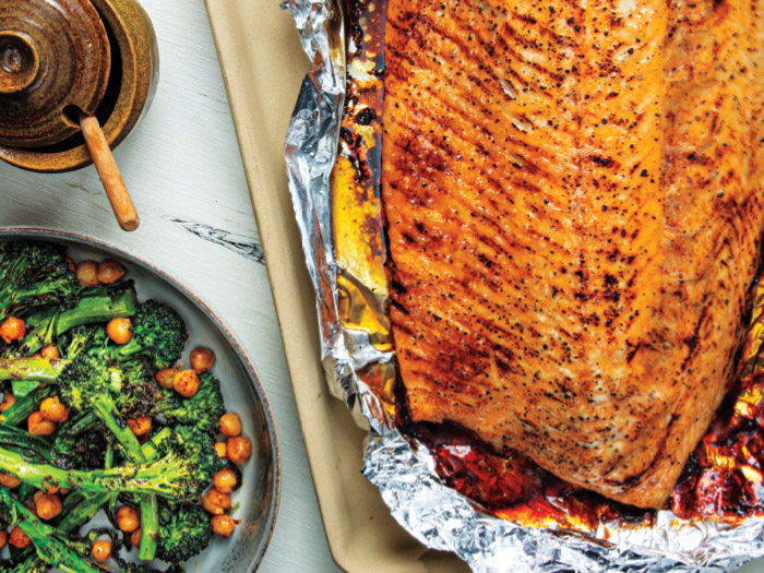 Broiled Honey Salmon with Chipotle-Lime Baby Broccoli & Garbanzos