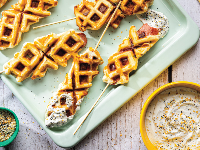 Cheddar-Onion Waffle Dogs with Everything Dip