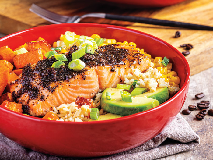 Coffee-Rubbed Salmon with Savory Oats & Rice Bowl