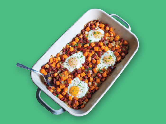 Freezer-Friendly St. Patty’s Corned Beef-Sweet Potato Hash