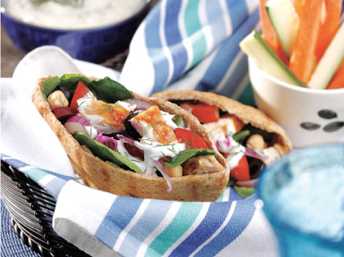 Greek Chicken Pitas with Dill-Feta Sauce