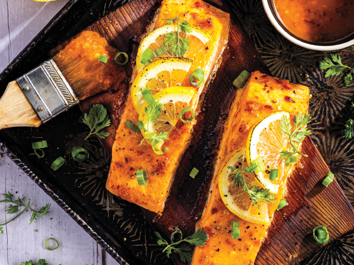 Harissa Cedar Plank Salmon with Herb Yogurt Sauce