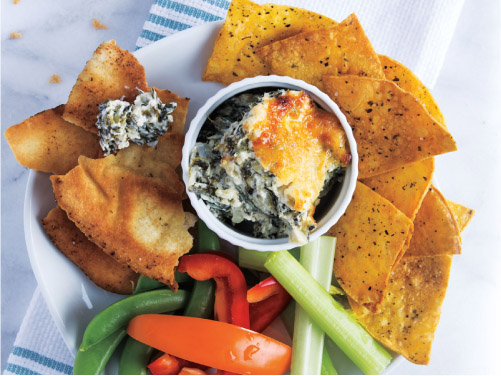 Hot Spinach & Kale Dip with Homemade Tortilla Chips