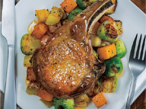 Pan-Seared Pork Chops with Roasted Brussels Sprouts, Squash, Onions & Apples