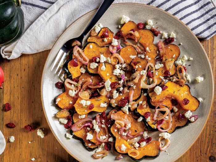 Roasted Acorn Squash & Shallots with Feta and Cranberries