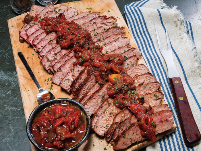 Slow Cooker Marinated Flank Steak with Savory Tomato Onion Jam