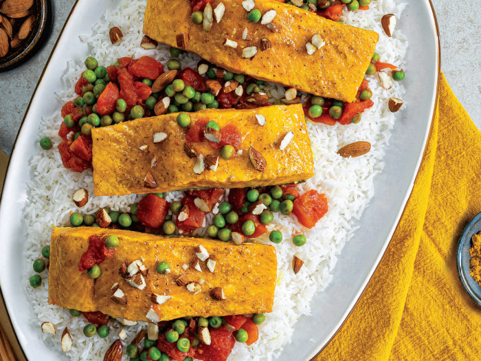Steamed Curry Salmon Fillets with Peas & Basmati Rice