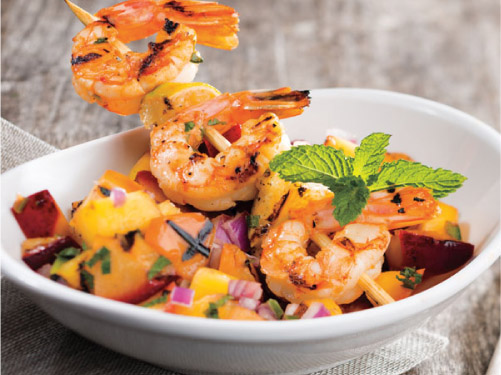 Tequila-Lime Shrimp Skewers with Grilled Fruit Salsa