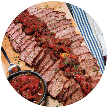 Slow Cooker Marinated Flank Steak with Savory Tomato Onion Jam
